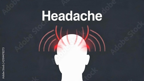 Headache concept illustration with glowing head and pain signals on a dark background
