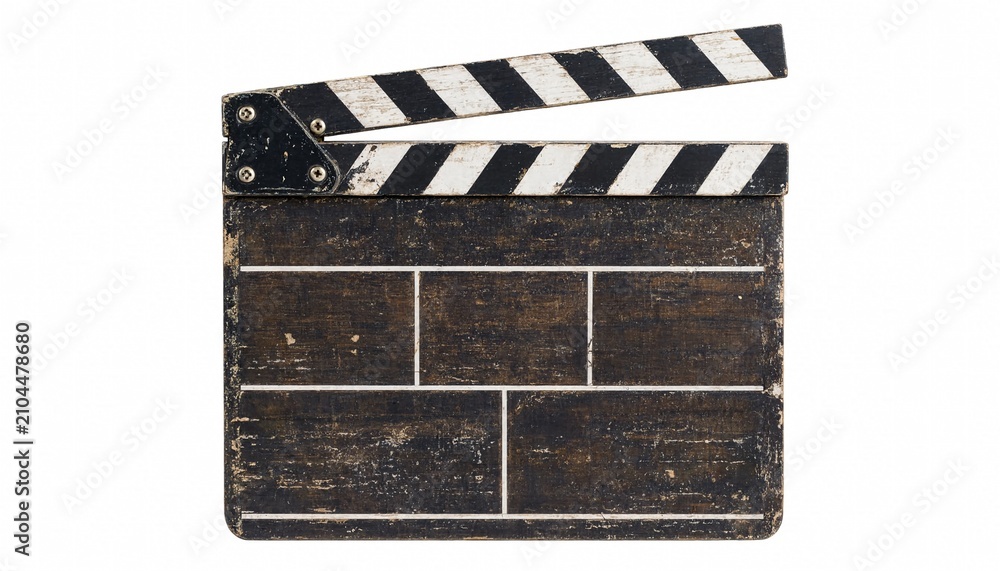 Fototapeta premium Old rustic movie clapperboard isolated on white background for cinema production and film industry.