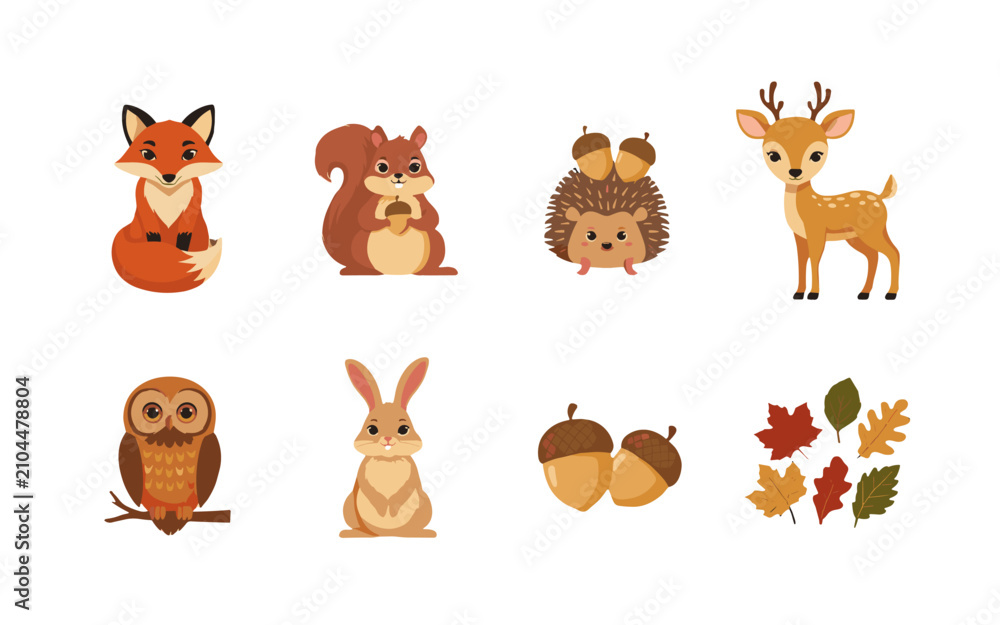 Obraz premium Cute forest animals and autumn leaves collection.