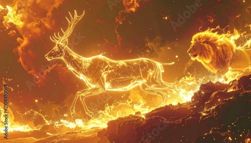 Ethereal glowing deer and lion made of fire running through a volcanic landscape with dramatic copy space for text, fantasy scene of elemental animal spirits in flames