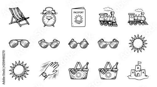 Fotografie Summer Vacation Icons: Travel, Beach, Sun, and Leisure - Hand-Drawn Sketch Style