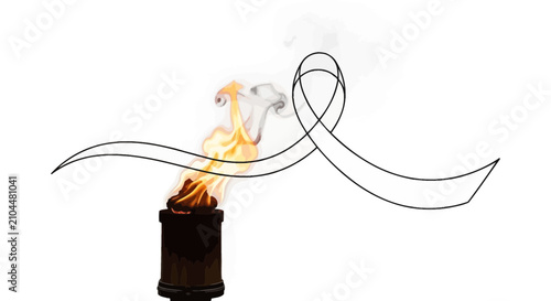 Torch flame and symbolic ribbon, representing remembrance, hope, and struggle against adversity