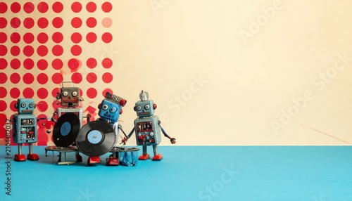 Vintage tin toy robots DJing with vinyl records on a blue surface with red polka dot background and large yellow copy space.