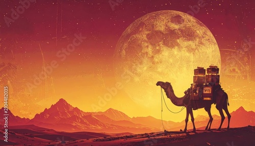Surreal Desert Landscape Illustration of a Camel Silhouette under a Giant Moon and Starry Sky with Copy Space