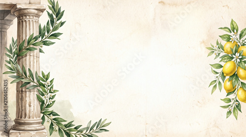Vintage ancient column with olive vine and lemon branch parchment background watercolor illustration