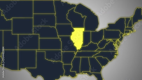 Animated Glowing Illinois State Map on a Light Gray Gradient Background. Ideal for geography, business, news, and infographic projects.