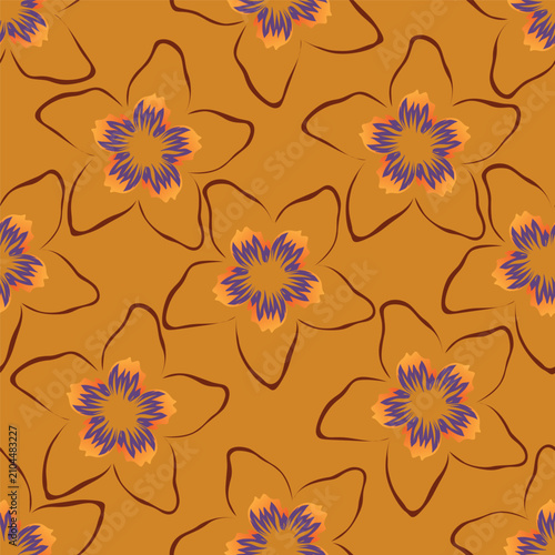 Cute floral pattern in small flowers. Small colorful flowers. Gold beige background. Delicate ditsy print. Floral seamless background. Elegant template for fashion prints
