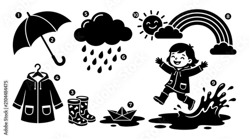 Foto Cartoon Weather Icons Set with Umbrella, Raincloud, Sunshine, Rainbow, Puddle an