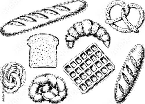 Bild auf Leinwand Colección dibujada a mano de varios productos de panadería incluyendo pan, bague