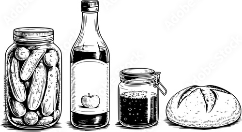 Slika na platnu Dibujo a mano de un frasco de pepinillos, una botella de sidra de manzana, un fr