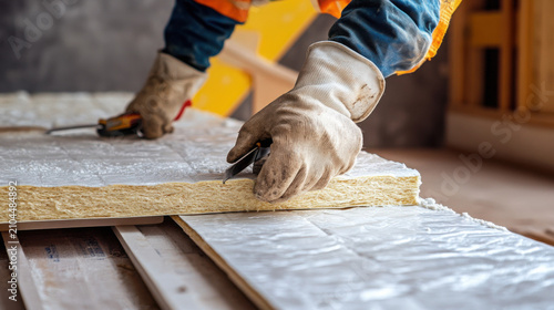 Construction worker cutting insulation board with utility knife. Skilled laborer installing thermal insulation material for energy-efficient home r...