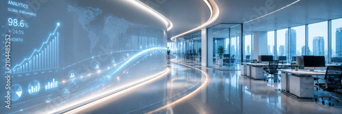 Business technology background with illuminated analytics path in a corporate environment