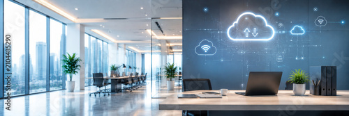 Business technology background with cloud network in a modern corporate setting