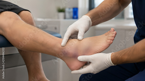 Ankle sprain inversion injury treatment in clinical setting, photorealistic medical procedure showing swollen lateral ankle examination for healthcare, rehabilitation, and patient education use