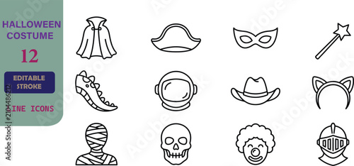 Cuadro en lienzo Halloween Costume Icon Set, Vector Collection of 12 Line Art Symbols for Fancy Dress, Party Outfit and Holiday Celebration