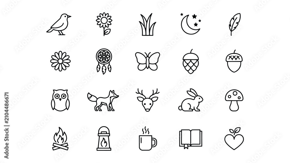 Fototapeta premium Collection of minimal line icons featuring nature elements animals and symbols with transparent background