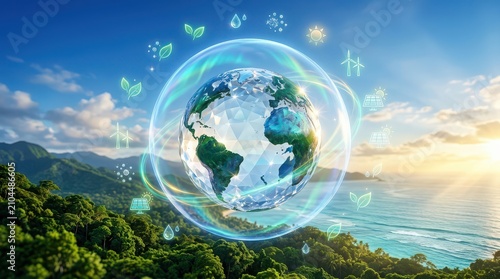 Crystal Earth Surrounded by Renewable Energy Symbols and Lush Nature planet world