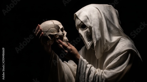 Mysterious figure in plague mask contemplates skull in dark void.