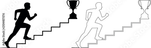 Athletes climbing stairs towards victory trophy achieving their success goals