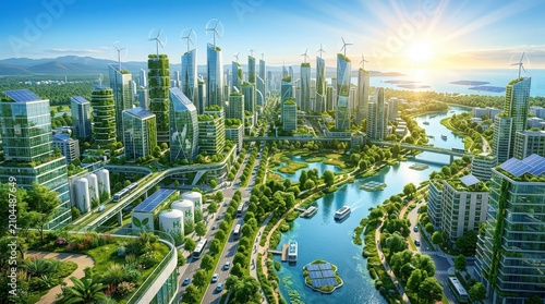 Sustainable Futuristic Cityscape with Green Buildings Wind Turbines and Waterways sustainable city eco-friendly