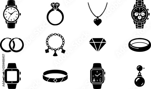 Watch & Jewelry silhouette icon set, flat black glyph style, pure white background