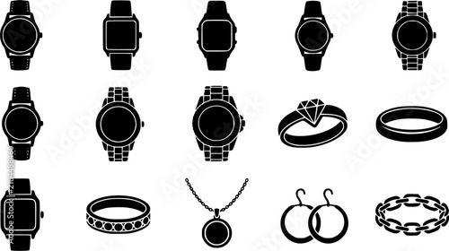 Watch & Jewelry silhouette icon set, flat black glyph style, pure white background
