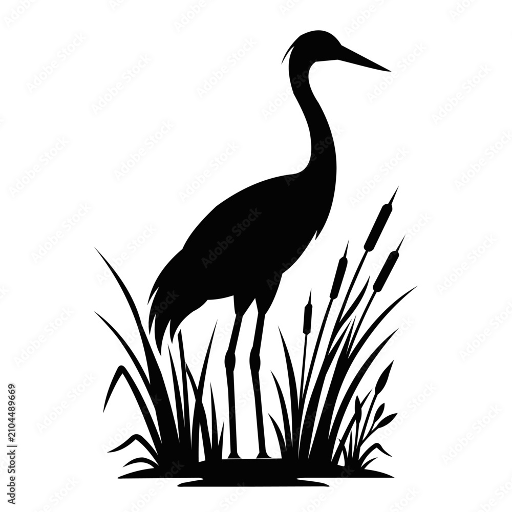Obraz premium Elegant Heron Bird Standing in Reeds Silhouette Vector. Resizable and Editable. EPS, 10.