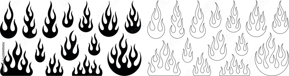 Εκτύπωση καμβά Collection of black flame silhouettes and outline drawings representing fire ele