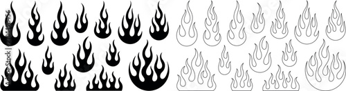 Tableau sur toile Collection of black flame silhouettes and outline drawings representing fire ele