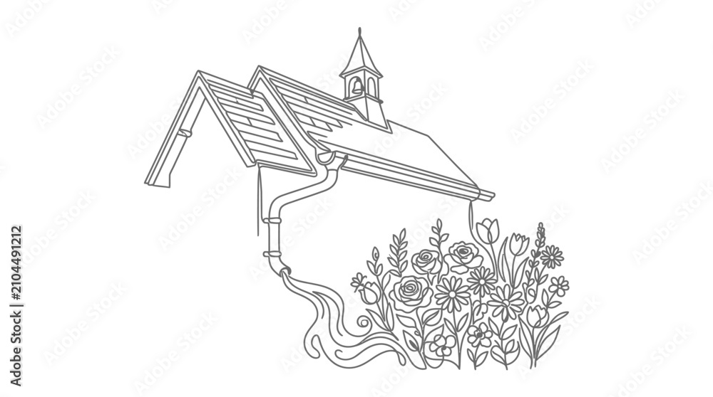 Naklejka premium Charming Line Art of a House with Gutter Spilling Flowers and Plants