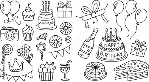 Happy birthday party doodle vector illustration set containing celebratory icons, cake, gift box, and balloons isolated on white background.