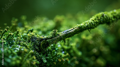 Close-up of a moss-covered branch in a lush green forest environment
