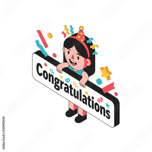 Isometric illustration of a happy girl holding a congratulations sign for a celebration.