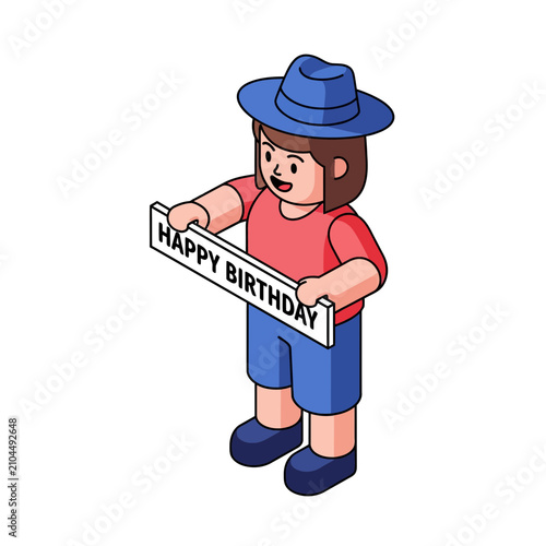 Isometric illustration of a person holding a happy birthday sign.