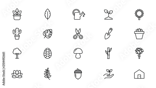 Bild auf Leinwand Collection of minimalist line icons depicting various plants flowers gardening t