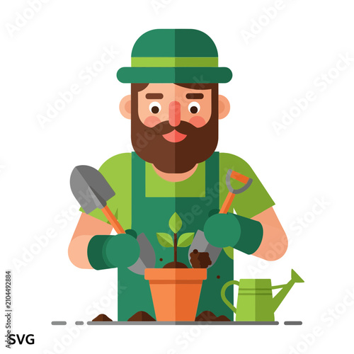 Flat vector illustration of a male gardener planting a small seedling in a clay pot.