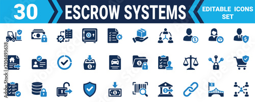 Photos Set of thirty escrow systems and secure financial transaction business icons in blue and black colors Minimal solid fill icon set bundle collection