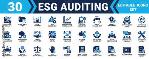 Foto Set of thirty esg auditing icons representing environmental social and governance business compliance standards Minimal solid fill icon set bundle collection