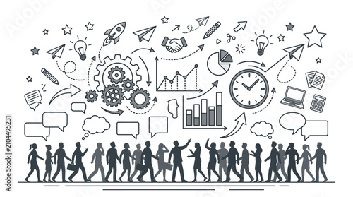 People walk beneath a complex web of business icons and strategic planning symbols representing corporate growth and collective professional success.