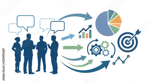 Businesspeople discuss strategic corporate planning and growth metrics in a professional setting.