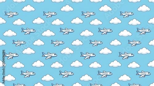 Seamless pattern of cartoon airplanes and clouds in a blue sky