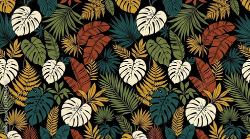 Tropical foliage seamless pattern with monstera and palm leaves