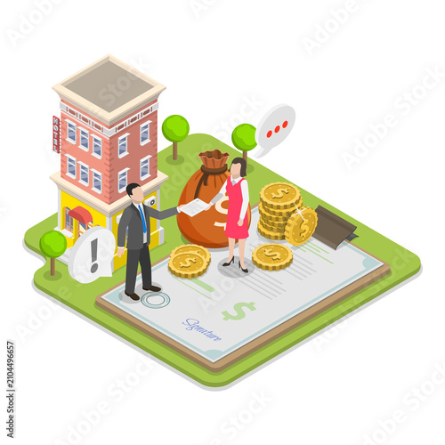 3D Isometric Flat  Illustration of Home Loan Agent Checking Credit History. Item 1