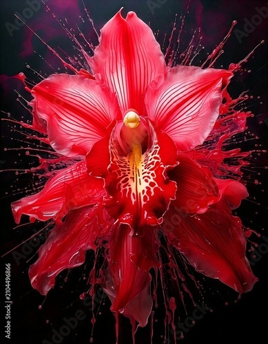 Red orchid flower with paint splash on black background  