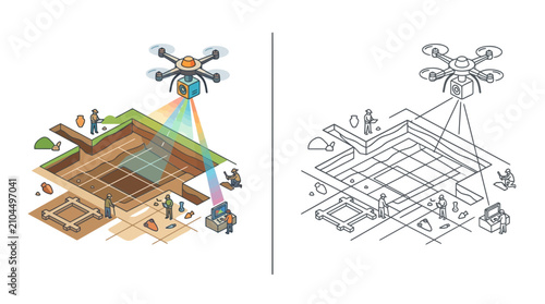 Photos Drone mapping archaeological dig site with surveyors, modern technology meets ancient discovery