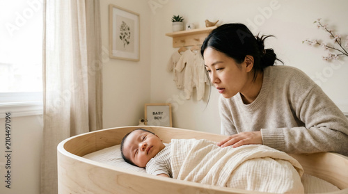 Tender Moment of a Young Mother Watching Over Her Sleeping Newborn Baby in a Minimalist Wooden Bassinet