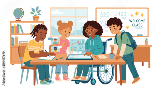Flat vector illustration of diverse children in a modern inclusive classroom collaborating on a digital tablet with holographic hybrid learning screens, featuring a student in a wheelchair.