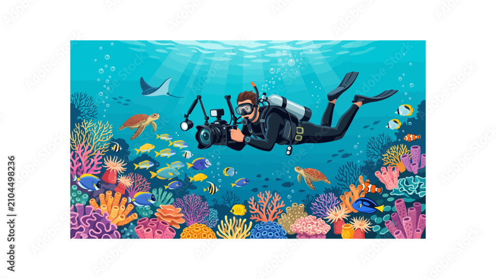 Fototapeta premium Underwater photographer scuba diving in coral reef, professional diver filming marine life with camera, colorful ocean floor with tropical fish and sea turtles
