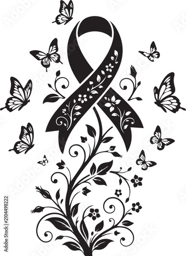 Black ribbon with ornate floral and butterfly design symbolizing hope and awareness.
