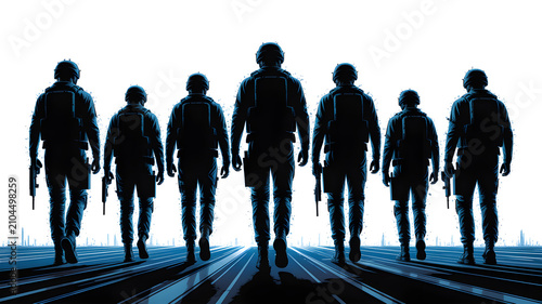 Silhouettes of a squad of soldiers walking forward isolated on white background